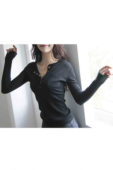 Women's Versatile Long Sleeve Henley or Notch Neck Pullover Tunic Sweaters