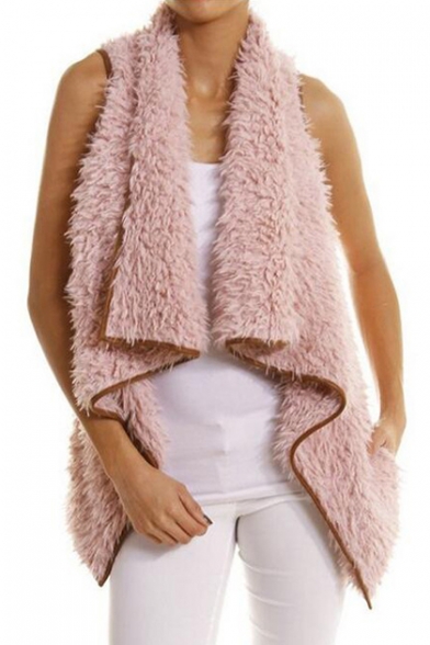 Womens Wool Blended Faux Fur Open Vest with Pockets