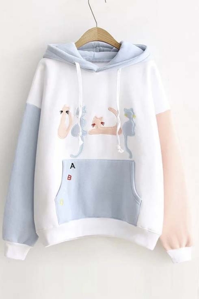 Cute Cat Patchwork Color Block Women's Pullover Casual Hoodie ...