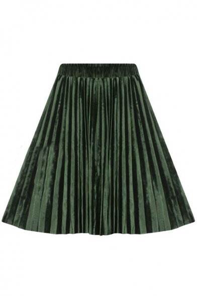 Fashion Basic Women's Pleuche Pleated A-Line Midi Skirt