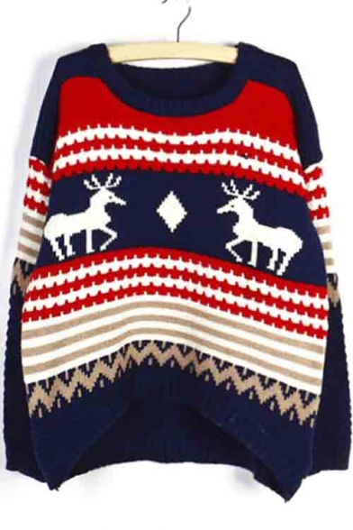 Loose Oversize Deer Print Color Block Women's Round Neck Sweater
