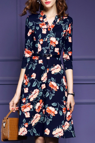 New Retro Style Floral Printed V-Neck Single Breasted A-Line Midi Dress