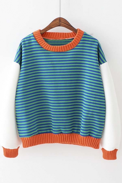 New Striped Color Block Long Sleeve Contrast Trim Pullover Sweatshirt