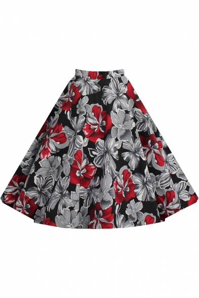 Vintage Swing Skirts Floral Knee Length Pleated Flared Classic Skirt