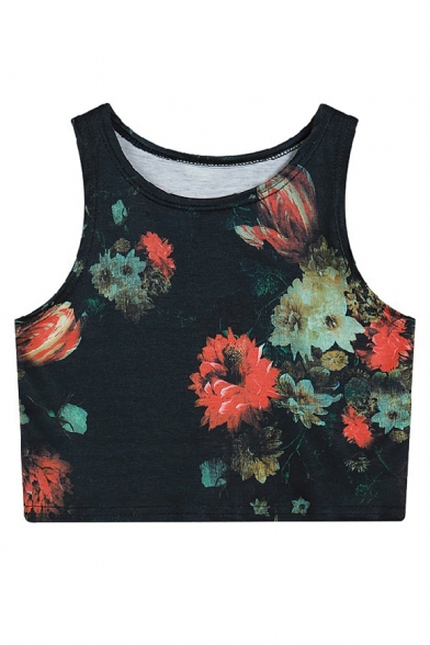 Women Floral Printed Crop Top Casual Vest Tank Tops