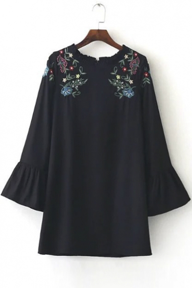 Women's Petal Round Neck Flare Sleeve Embroidery Shoulder Shift Mini Dress