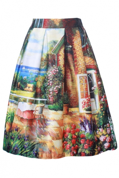 Women's Printed Pleated Flared A-Line Midi Skirt