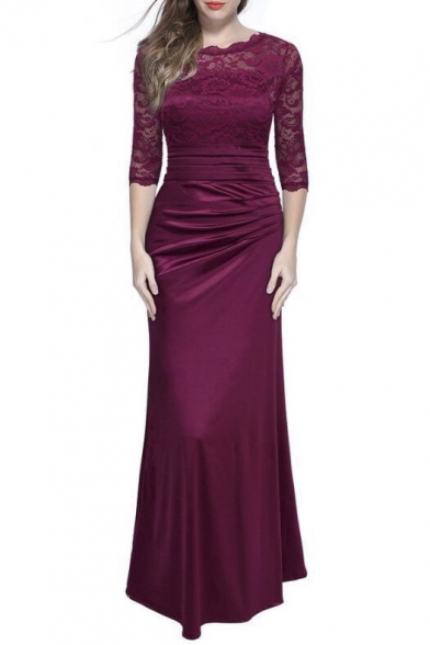Elegant Fashion Lace Insert Half Sleeve Plain Maxi Party Dress