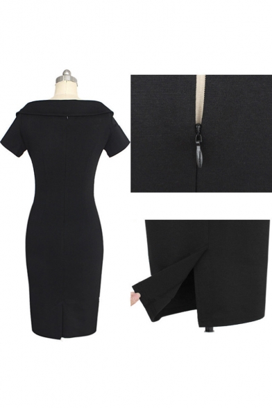 Fashion Sexy V Neck Short Sleeve Zip-Back Plain Mini Pencil Dress