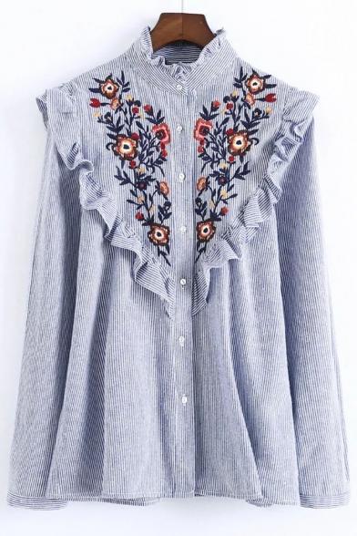 Petal Stand-Up Collar Long Sleeve Floral Embroidery Women's Ruffle Blouse