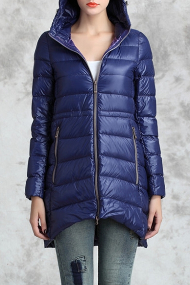 Women's Basic Zip Placket Hooded Plain Winter Padded Coat