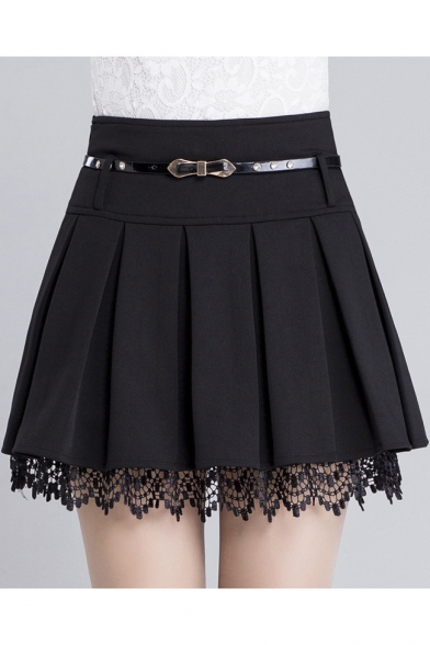 Women's Fashion Belt Waist Lace Trim A-Line Plain Pleated Mini Skirt
