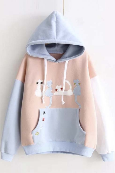 Cute Cat Patchwork Color Block Women's Pullover Casual Hoodie