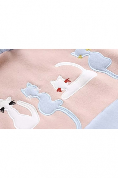 Cute Cat Patchwork Color Block Women's Pullover Casual Hoodie