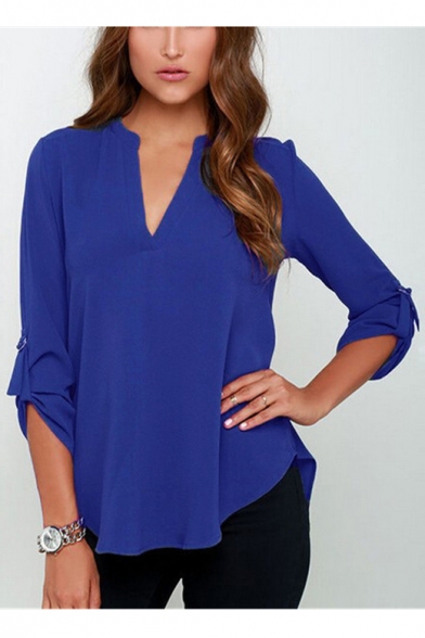 Women's Summer Blouses V Neck Cuffed Sleeve Blouse Shirts Tops