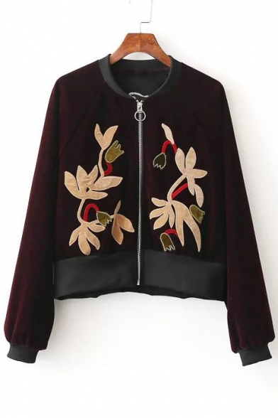 Women's Zip Placket Long Sleeve Stand-Up Collar Floral Embroidery Velvet Coat
