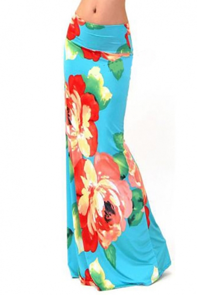 Womens Maxi Skirt Floral Print High Waist Beach Girl's A-line Skirt