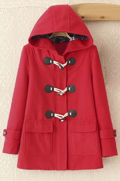 Chic Hooded Single Breasted with Horn Buttons Plain Tunic Coat