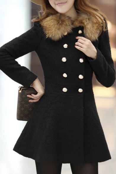 Elegant Fur Contrast Round Neck Double Breasted Long Sleeve Plain Tunic Coat