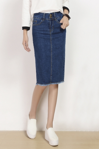 Women's Fashion Denim Skirt Midi Plain Pencil Skirt