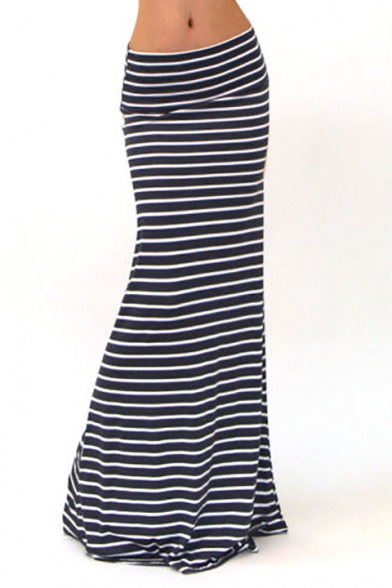 Women's Full Length Striped Print Bodycon Maxi Skirt