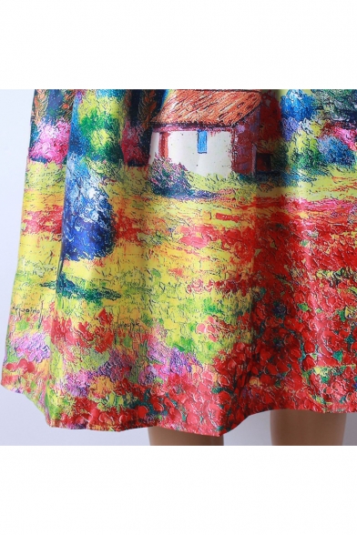 Women's High Waist Landscape Print A-Line Pleated Flared Midi Skirt