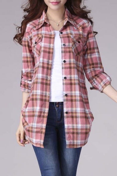 Women's Mid-Long Style Roll-Up Sleeve Plaid Shirt