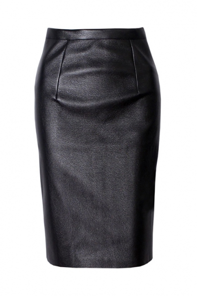 Womens Evening Solid Casual Dressy Office Knee Length Leather Pencil Skirt