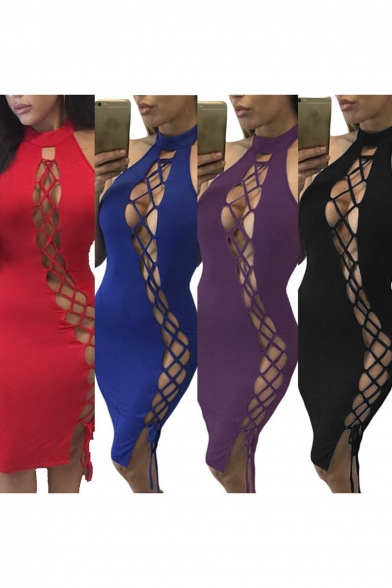 Womens Sexy Halter Hollow Out Lace Up Bodycon Bandage Club Dress