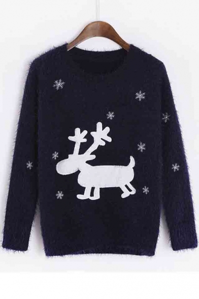 Christmas Snow Deer Print Women's Long Sleeve Round Neck Sweater