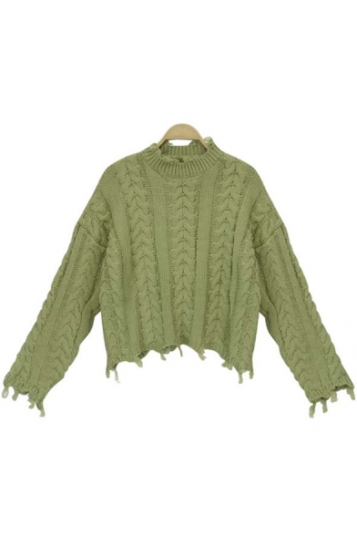 Long Sleeve Petal Neck Asymmetrical Hem Women's Pullover Cable Knit Sweater