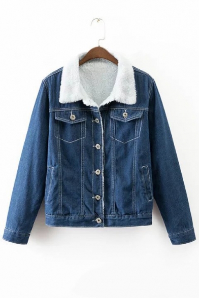 New Contrast Lapel Single Breasted Wool Inside Denim Jacket with Long Sleeve