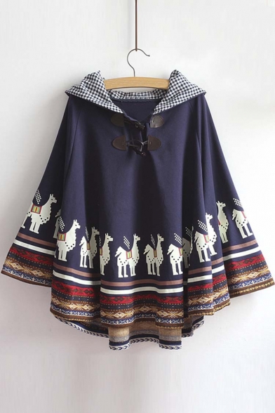 New Plaid Hooded Wooden Horse Printed Color Block Hem Cape with Horn Buttons