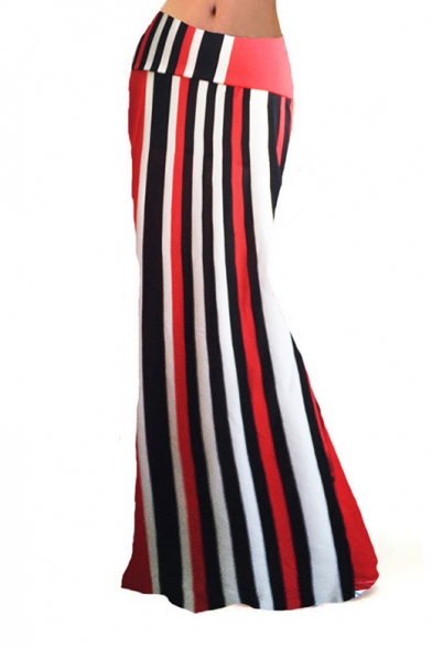 Women's Casual Striped Printed High Waist Stretch Maxi Skirt Fishtail Long Skirt