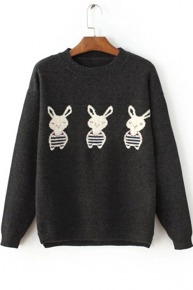 Women's Cute Rabbit Print Long Sleeve Round Neck Casual Sweater