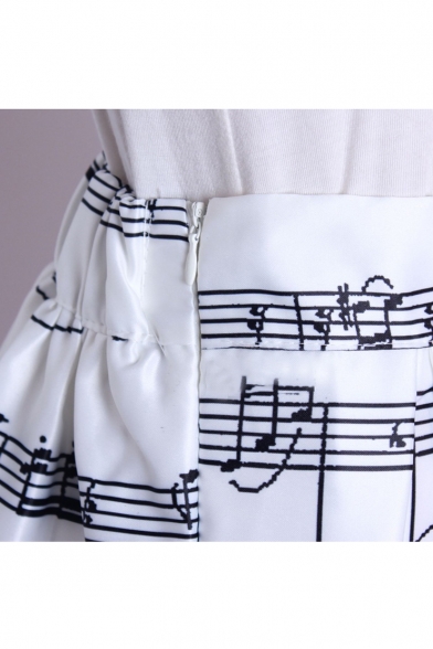 Women's High Waist Note Print Pleated Skirt Midi Skater Skirt One Size