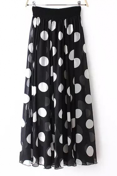 Women's Polka Dot Print Elastic Waist Maxi Layered Beach Skirt