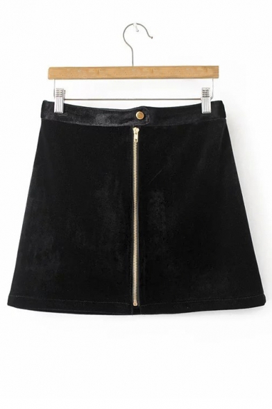 Chic Contrast Waist Zipper Front Velvet Plain A-Line Skirt