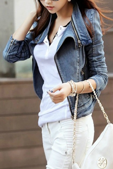 Fashion Oblique Zipper Placket Long Sleeve High Neck Basic Denim Jacket