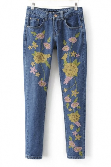 New Contrast Embroidery Floral Pattern Mid Waist Skinny Jeans