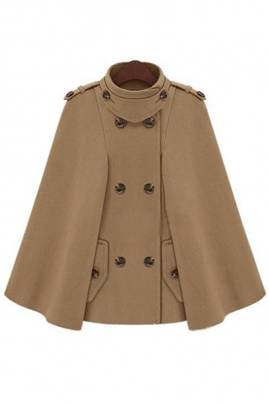 New Military Style Plain Double Breasted Cape Coat with Buttons 