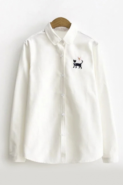 Women's Basic Single Breasted Long Sleeve Cat Embroidery Shirt