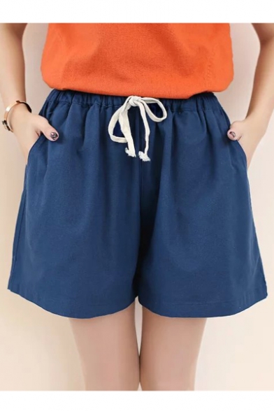 Women's Casual Texture Linen Drawstring Elastic Waist Shorts ...