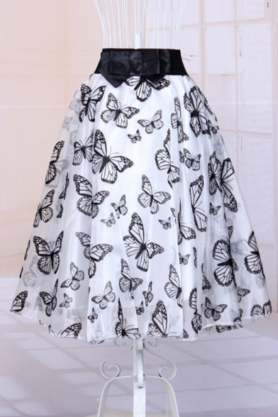 Women's Chic Elegant Elastic Bow Waist Butterfly/Polka Dots Printed A-Line Bubble Skirt