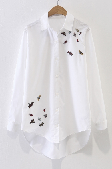 Women's Insect Embroidery High Low Hem Long Sleeve White Shirt