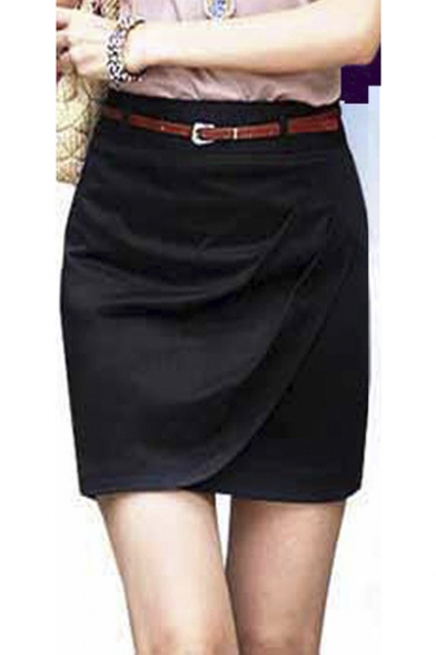 Women's Office Plain Basic Mini Skirt with Belt