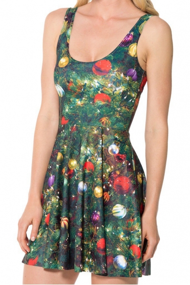 Christmas-tree Ornaments Print Tank Skater Dress