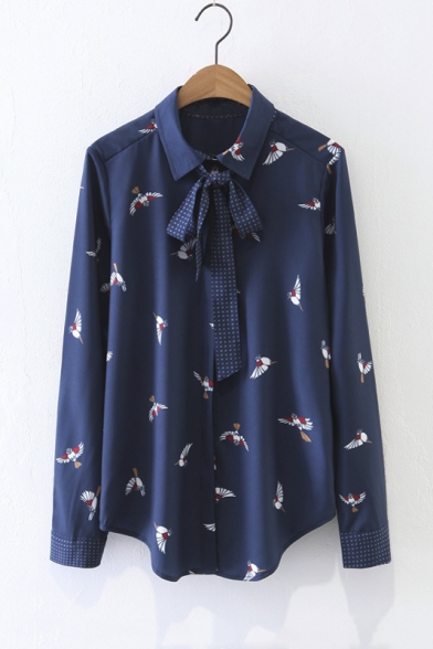New Stylish Tied Lapel Single Breasted Long Sleeve Bird Printed Button Down Shirt