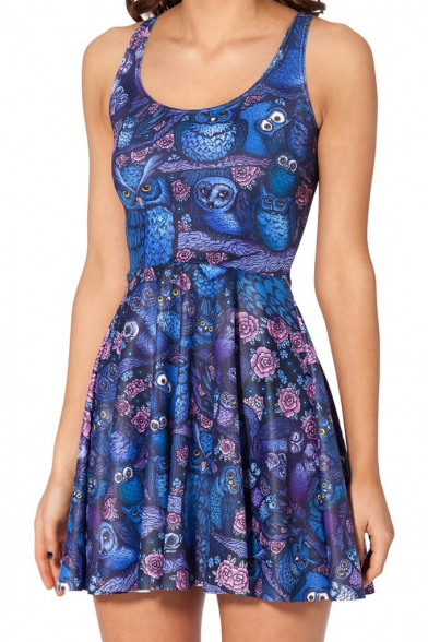 Summer Pleated Print Owl Reversible A-line Tank Dress