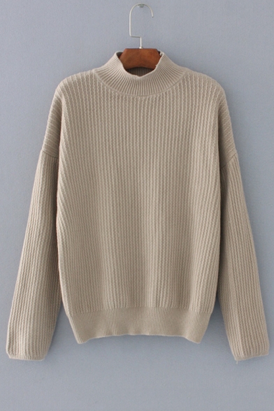 Vertical Striped Half High Neck Dropped Long Sleeve Plain Pullover ...